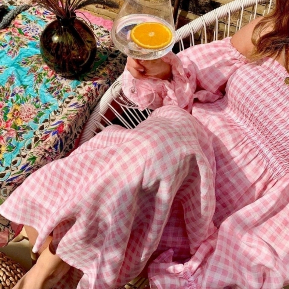 Sleeper Linenblend Atlanta Pink Gingham midi dress smocked midi dress, xsmall - Picture 3 of 12